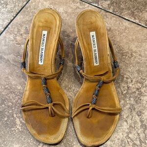 Manolo Blahnik Leather Thong Kitten Heels